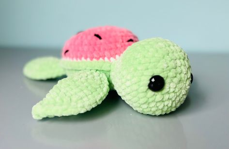 This little turtle plushie is also available in custom colors! Watermelon Turtle, Watermelon Crochet, Turtle Plushie, Pink Stuffed Animals, Turtle Crochet, Plushie Crochet, Crochet Plushie, Crochet Turtle, Turtle Pattern