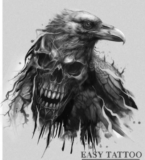 Realistic Animal Tattoo Design, Crow Tattoo Sleeve, Skull And Raven Tattoo, Raven Head Tattoo, Gothic Shoulder Tattoo, Crow Chest Tattoo, Raven Skull Drawing, Viking Raven Tattoo, Raven Skull Tattoo