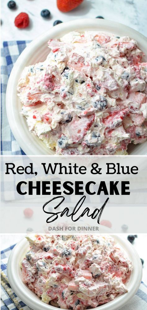 If you're looking for Red White and Blue Desserts, look no further than this berry cheesecake salad! Made with fresh berries, cool whip, and cream cheese, this no bake dessert recipe is perfect for 4th of July or Memorial Day food. This Red White and Blue Cheesecake Salad recipe is ready to chill or serve in just 15 minutes and requires no oven time. The perfect way to use lots of fresh berries, and perfect for serving as a BBQ dessert or potluck dessert. Red White And Blue Cheesecake, Blue Cheesecake, Cheesecake Salad, Desserts Keto, Fluff Desserts, Patriotic Desserts, Berry Cheesecake, Dessert Simple, 4th Of July Desserts