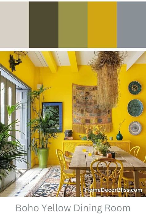 Boho Dining Room: Bold Yellow Walls and Eclectic Decor Yellow Dining Room Walls, Boho Dining Area, Mustard Dining Room, Yellow Painted Walls, Backdrop Boho, Rustic Wooden Furniture, Yellow Dining Room, Boho Dining Room, Room Concept