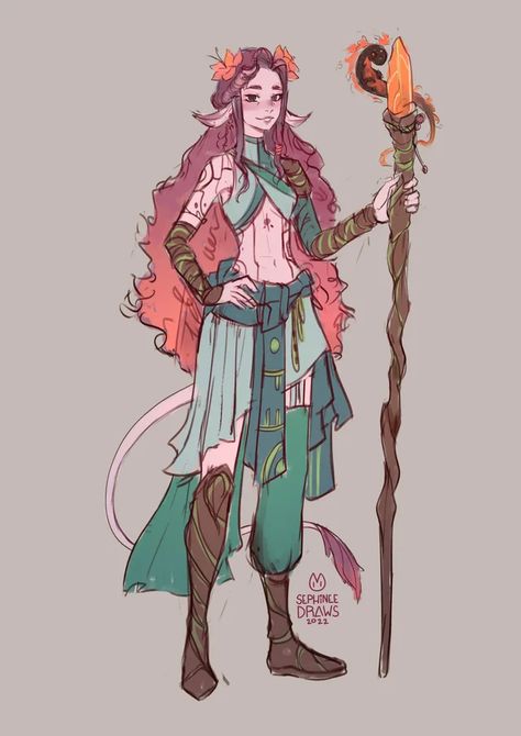 [Art][OC] Ly'naari my Firbolg Wildfire Druid and her fiery friend, Cynder : DnD Half Fairy Half Human, Were Creatures, Dnd Character Druid, Female Druid Dnd, Herbalist Character Design, Firbolg Paladin, Spring Eladrin Female, Dnd Druid Outfit, Sorceress Character Design