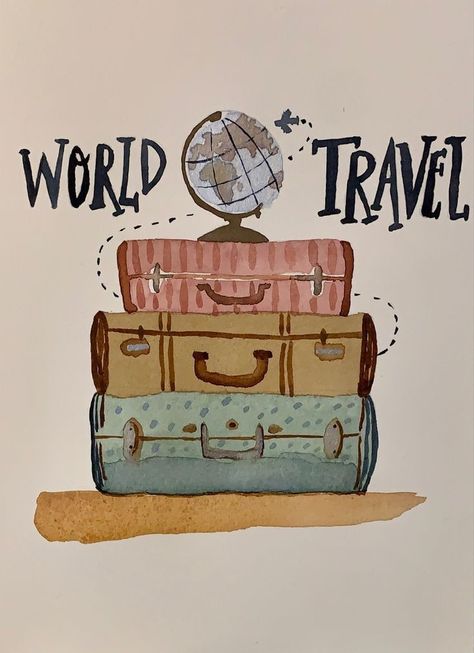 Travel Watercolor Painting, Travel Painting Ideas, Travel Canvas, Notebook Cover Design, Travel Trunk, Travel Drawing, Travel Painting, Safe Journey, Architecture Drawing Art