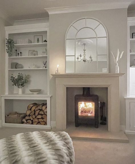 Lounge Fireplace, Victorian Lounge, Alcove Ideas Living Room, Cottage Lounge, Log Burner Living Room, Lounge Room Styling, Farmhouse Vibes, Snug Room, Feature Wall Living Room