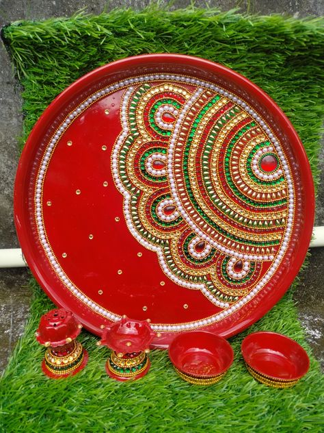 Decorative Thali Set for Festival Season Puja Plate Decoration, Decorative Pooja Thali, Diy Aarti Thali Decoration, Diy Thali Decoration Ideas, Puja Thali Decoration Ideas Home, Wedding Thali Decoration Ideas, Arti Thali Decoration For Wedding, Arathi Plate Decoration For Wedding, Arti Thali Decoration Ideas For Navratri