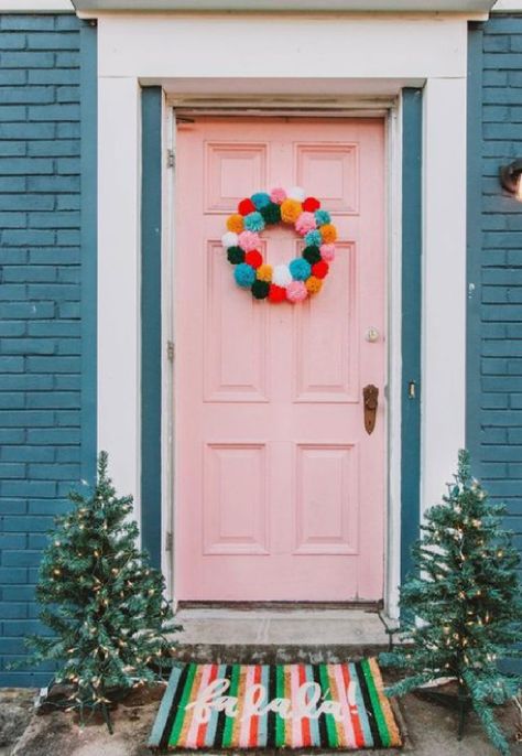 Blue House Paint, Pom Wreath, Joy Wreath, Winter Door Decorations, Pre Lit Wreath, Pom Pom Wreath, Winter Door, Pink Door, Whimsical Gifts