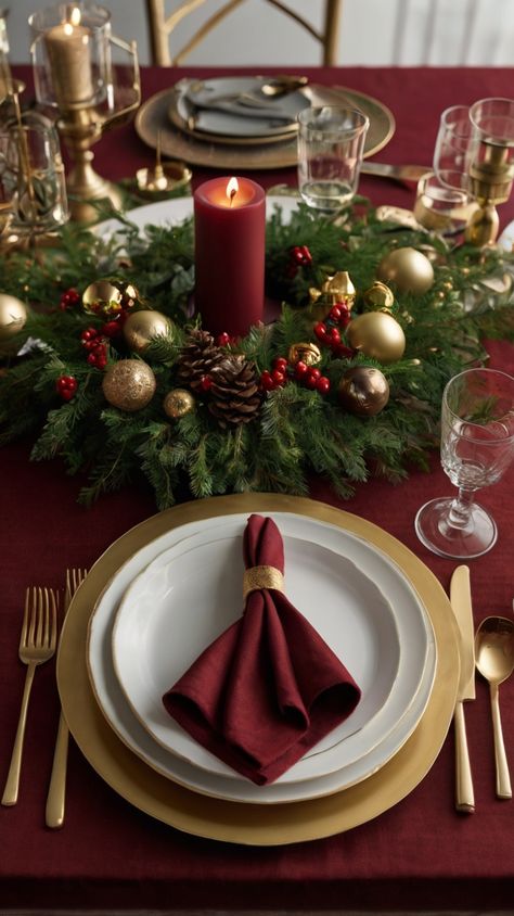 Transform your holiday celebrations with this elegant Christmas table setting. The burgundy tablecloth serves as a dramatic backdrop for gold-rimmed white plates paired with a burgundy napkin tied with a gold ring. The festive centerpiece, a lush green wreath adorned with pinecones, gold ornaments, and red berries, is illuminated by the warm glow of a burgundy pillar candle. Gold flatware and clear glassware enhance the luxurious feel, making this setup perfect for a sophisticated Christmas dinner.  #ChristmasTableDecorations #ChristmasTableSettingsIdeas #BurgundyAndGoldChristmas #ElegantHolidayTablescape #FestiveDiningIdeas #HolidayCenterpiece #SophisticatedChristmasDecor #CandlelitChristmasTable #SeasonalTablescape #HolidayTableInspiration Burgundy Tablecloth, Burgundy And Gold Christmas, Gold Christmas Table, Holiday Table Inspiration, Elegant Christmas Table, Clear Glassware, Candle Gold, Christmas Table Setting, Festive Centerpieces