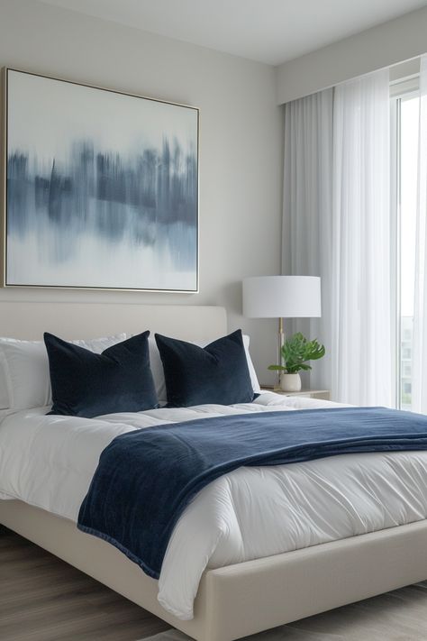 Transform Your Bedroom: Elegant Blue & White Decor Ideas Navy White Home Decor, Navy Blue Interior Design Bedroom, Black White Grey Blue Bedroom, White Blue Black Bedroom, Navy Home Accents, Blue And White Interior Design Modern, Navy Blue Accent Bedroom, Navy Gold White Bedroom, White And Navy Bedroom Ideas