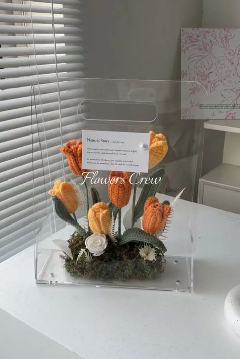 pink tulips, orange tulips, purple tulips Crochet Flower Packaging, Acrylic Boxes With Flowers, Korean Flower Arrangement, Acrylic Box Flower Arrangement, Handmade Tulips, Orange Crochet Flower Bouquet, Centerpieces For Weddings, Clean Flowers, Flower Shop Decor