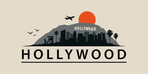 Hollywood, California Skyline Los Angeles Urban Landscape. City scape, City of Angels. Malibu Beach, Sunset Strip, 60's style silhouette graphic illustration. Hollywood Silhouette, Hollywood Illustration, City Outline, Bus Skin, Landscape City, Los Angeles Skyline, 60's Style, Skyline Silhouette, Hollywood Photo