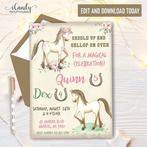 Unicorn And Horse Birthday Party, Sibling Birthday Parties, Seventh Birthday, Unicorn Birthday Invitation, Horse Party, Unicorn Birthday Invitations, Horse Birthday, Unicorn Horse, 6th Birthday