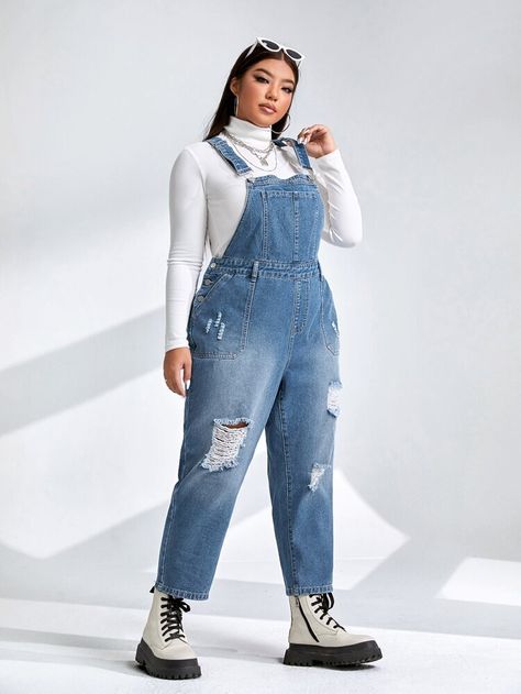 Free Returns ✓ Free Shipping On Orders $49+ ✓. Plus 1pc Ripped Patched Pocket Denim Overalls- Plus Size Denim Overalls at SHEIN. Overalls Plus Size, Denim Dungarees, Plus Size Denim, Jeans Plus Size, Denim Overalls, Jeans Jumpsuit, Dungarees, Pants Outfit, Plus Size Fashion