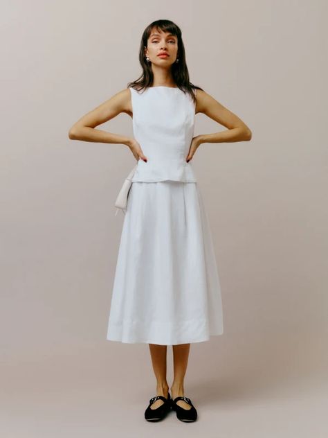 Work Clothes for Women | Reformation Elvira Dress, Wedding Wardrobe, White Sleeveless Top, White Dress Party, White Dresses For Women, Silky Dress, White Sleeveless, Linen Dresses, Linen Dress