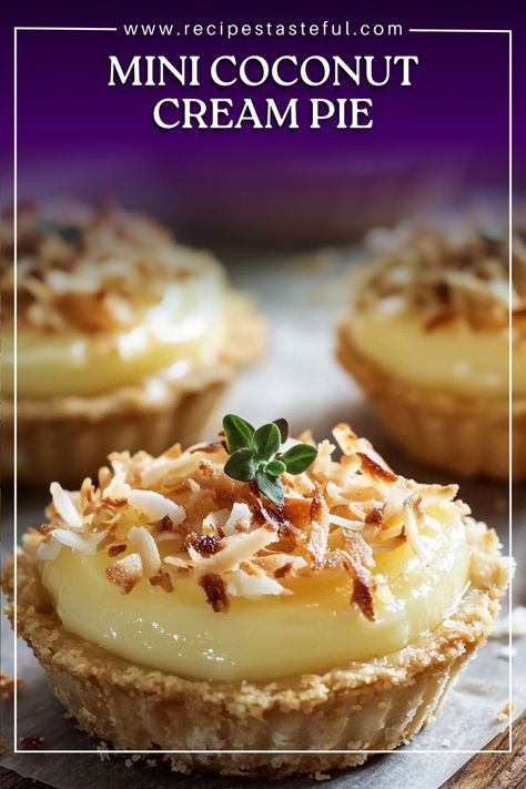 These Mini Coconut Cream Pies are a delightful treat that combines a creamy coconut filling with toasted coconut flakes, all nestled in a crispy crust. They are the perfect size for individual servings and make a wonderful dessert for any occasion, from family gatherings to special celebrations. Rich, sweet, and utterly delicious, these pies will transport you to a tropical paradise with every bite! Mini Coconut Cream Pies, Coconut Cream Pies, Coconut Filling, Coconut Pie, Vanilla Whipped Cream, Cream Pies, Coconut Cream Pie, Individual Servings, Creamed Eggs