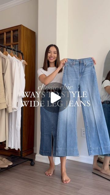 Jasmine Ricks on Instagram: "Ways to style: wide leg jeans [perfect for transitional/fall outfits] • These were a favorite from last year & on sale for the first time ever + fully stocked 🙌🏼 You can comment SHOP below to receive a DM with all outfit details ⬇ https://liketk.it/4NEzn

Office outfits / wide leg jeans / classic style / chic style
 #ltkworkwear #ltksalealert #ltkstyletip" Straight Leg Vs Wide Leg Jeans, Wide Leg Light Jeans Outfit, Midsize Wide Leg Jeans Outfit, Extra Wide Leg Jeans Outfit, Light Wide Leg Jeans Outfit, Wide Leg Jeans Work Outfit, Wide Leg Ankle Jeans Outfit, Jeans Wide Leg Outfits, Shoes To Wear With Wide Leg Jeans