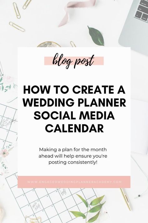 Posting consistently on social media leads to better engagement. The key to staying consistent is having a social media calendar. Here are some ideas for creating a monthly calendar to take your social media to the next level. | wedding planning business, wedding planner social media, wedding planner social media post, wedding planner social media content, social media calendar, wedding planner content ideas | #weddingbiz #weddingplanner #weddingplannersocialmedia #socialmediacalendar Planner Content Ideas, Wedding Planner Marketing, Wedding Planner Career, Wedding Planner Business, Wedding Planning Business, Social Media Content Calendar, Planner Tips, Social Media Calendar, Wedding Planning Guide