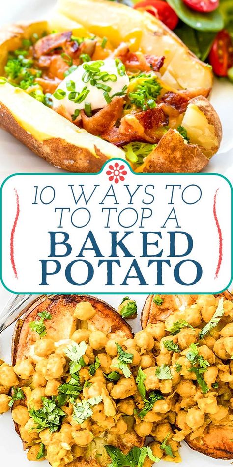 10 Ways to Top a Baked Potato! Eat baked potatoes on the regular? Make your baked potatoes a meal with these winning combos and recipes for toppers! #simplyrecipes #potato #bakedpotatorecipe #mealideas Baked Potato Add Ons, Baked Potato Toppers Meals, Baked Potatoes With Toppings, Baked Potato Toppers, Loaded Baked Potato Toppings, Loaded Baked Potatoes Recipes, Baked Potato Meals Dinners, What To Serve With Baked Potatoes, Baked Potatoes Toppings