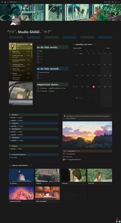 Free Studio Ghibli notion homepage, click the image to download Ghibli Notion Template, Studio Ghibli Notion, Ghibli Notion, Study Planner Free, Life Planner Organization, Themes App, Study Smarter, Rainbow Aesthetic, Notion Template