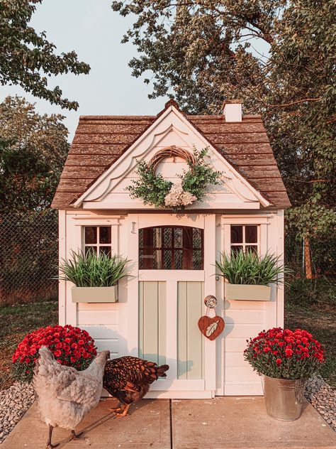 kids playhouse outdoors makeover  |kids playhouse outdoors boys Chicken Coop Porch, Playhouse Converted To Chicken Coop, Inside Small Chicken Coop, Chicken Coop Farmhouse, Glam Chicken Coop, Chicken Coop From Playhouse, Cute Chicken Coop Painting Ideas, Whimsical Chicken Coop, Play House Chicken Coop