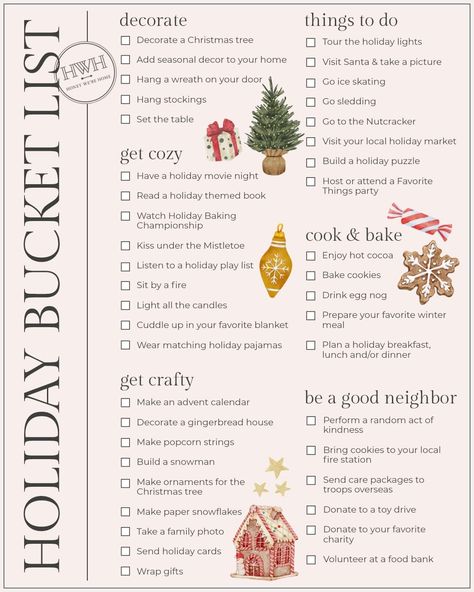 Holiday Bucket List – Honey We're Home December Bucket List, Christmas Bucket List Printable, Holiday Baking Championship, Holiday Bucket List, Holiday Movie Night, Holiday Scented Candles, Before The New Year, Favorite Things Party, Christmas Bucket List