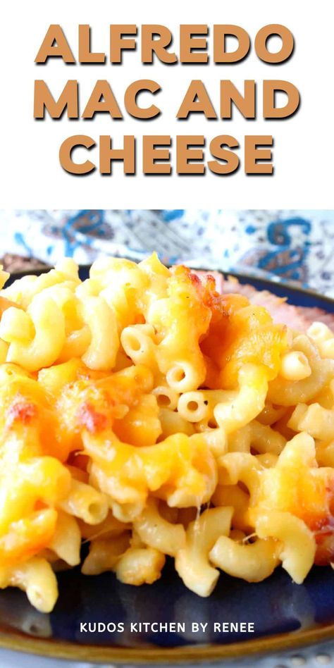 This Alfredo Mac and Cheese is one of the best macaroni and cheese recipes you'll ever have. It's a cheese and a wine lover's dream come true, and it's easy to make too!! #macandcheese #macaroniandcheese #alfredomacandcheese #bbqsidedish #sidedish #cheesysidedish #comfortfood #alfredosauce #easypastadish #kudoskitchenrecipes Macaroni And Cheese With Alfredo Sauce, Mac And Cheese Alfredo, Mac And Cheese Recipe With Alfredo Sauce, Mac And Cheese With Alfredo Sauce, Alfredo Macaroni, Alfredo Mac And Cheese, Recipe Using Alfredo Sauce, Best Macaroni And Cheese Recipes, The Best Macaroni And Cheese