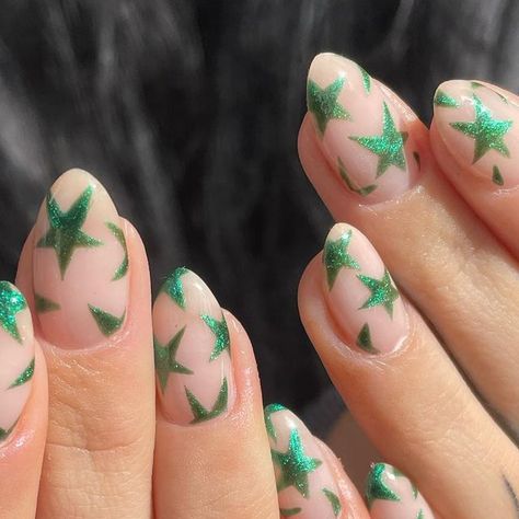 PREVIOUSLY HARD AS NAILS STUDIO 💖 on Instagram: "Okay sooo green glittery stars aren’t just a thing for Christmas, they a spring thang too! Using @the_gelbottle_inc ‘Ivy’ Detailed mani by Caitlin #thegelbottleinc #starnails #glitterynails #almondnails #HANSCaitlin #birminghamnails" Christmas Confetti Nails, Star Nails Christmas, Glitter Stars Nails, Subtle Christmas Nails Green, Green Stars Nails, Star Christmas Nails, Cute Christmas Nails Green, Christmas Nails Stars, Sparkly Star Nails