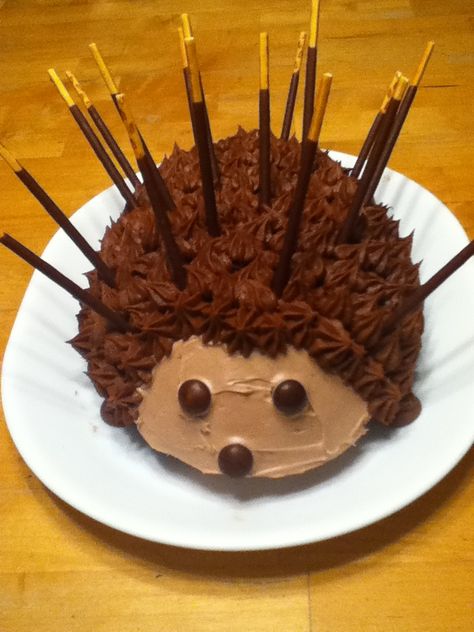 My son dared me to make a Porcupine cake - and this is what I made. He calls it the "Pockey-pine" because the quills are Japanese pockey (chocolate dipped sticks). I love a challenge! Porcupine Cake, Cornflake Cake, Sloth Cakes, Fox Cake Toppers, Hedgehog Cookies, Sonic The Hedgehog Cake, Zoes Fancy Cakes, Sonic Cake, Hedgehog Cake