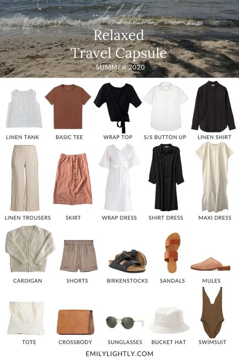 A Relaxed Summer Travel Capsule Wardrobe - Emily Lightly Boho Travel Outfits Summer, Traveler Capsule Wardrobe, Neutral Travel Capsule Wardrobe, Capsule Wardrobe Packing Summer, Comfortable Summer Travel Outfit, Natural And Relaxed Outfits, Summer Closet Capsule, Capsule Summer Wardrobe Travel Packing, Cabo Capsule Wardrobe