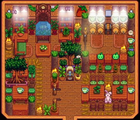 Stardew Valley Cafe Shed, Stardew Valley Tea Room, Stardew Valley Shed Design, Stardew Valley Shed Ideas, Stardew Valley Shed Layout, Stardew Shed, Stardew Ideas, Stardew Farm, Stardew Farms