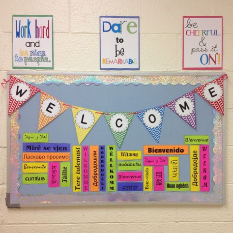 First day of school bulletin board. Welcome in different languages Hello In Different Languages Bulletin Board, Welcome In Different Languages Bulletin Board, Welcome In Different Languages, Esl Classroom Decor, Easter Crossword, Hello In Different Languages, Middle School Bulletin Boards, Hallway Bulletin Boards, Welcome Bulletin Boards