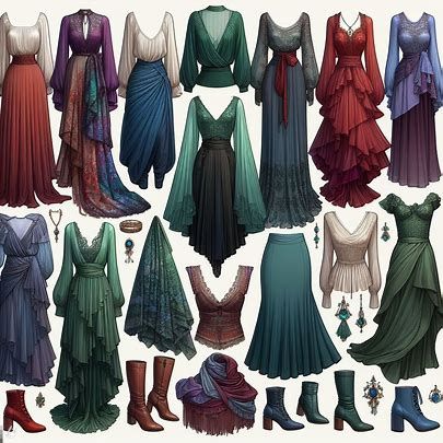 A fantasy capsule wardrobe including blouses with shoulder emphasis, flowy bootcut pants, mermaid skirts, and draped dresses in deep and cool greens, blues, purples, and reds. materials include silk, velvet, and cashmere. boots and jewelry - Image Creator from Microsoft Designer Fantasy Fashion Outfits, Silk Reference, Fantasy Fashion Art, Mermaid Skirts, Fair Outfits, Fantasy Wardrobe, Concept Clothing, Fantasy Dresses, Dress Design Sketches