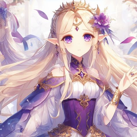 Blonde Hair Gold Eyes, Anime Elf Princess, Constellation Of Stars, Silver White Hair, Magical Girl Aesthetic, White Gold Dress, Anime Elf, Violet Eyes, Gold Eyes