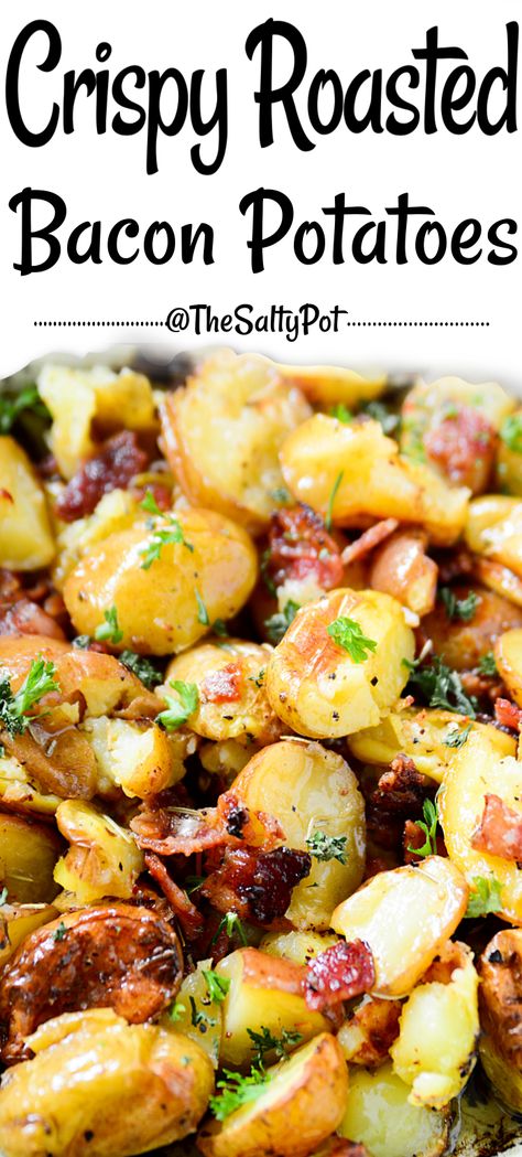 Roasted Bacon Potatoes are a perfect side dish, main dish, one pan dish, for any meal! These savory roasted potatoes are a cinch to make! Perfect for summer's baby potatoes, this vegetable side dish is so delicious, you'll make it again and again. Small Potatoes Recipe, Bacon Side Dishes, Gold Potato Recipes, Pork Side Dishes, Potato Recipes Crockpot, Hamburger Side Dishes, Baked Red Potatoes, Baby Potato Recipes, Bacon Potatoes