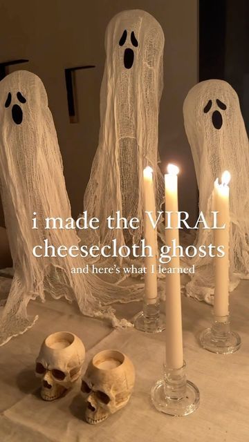 Karli Jones  | design inspo + luxury dupes for less on Instagram: "you asked how I made my cheese cloth ghosts so here you go 🤍🕸️  After i made my first ghost with the glue, I honestly wanted to give up. It was so hard to work with and extremely messy.  The mod podge was WAY easier.  I used a 1:1 ratio and that seemed to work for me. If you’re using glue, I’d personally add more water, but the 1:1 ratio did work for the large one. It was just really challenging to work with.  This isn’t a “once you’re done, you’re done!” Project. I went back and adjusted the ghosts a few time, so they wouldn’t stick to the paper and to make sure they were balanced  SAVE this video and type SHOP if you want all the materials I used   Let me know if you try this and if you have any more questions, drop the Cheese Cloth Ghost, Cheesecloth Ghost, The Mod, Halloween 2018, More Water, Cheese Cloth, Mod Podge, Giving Up, Design Inspo