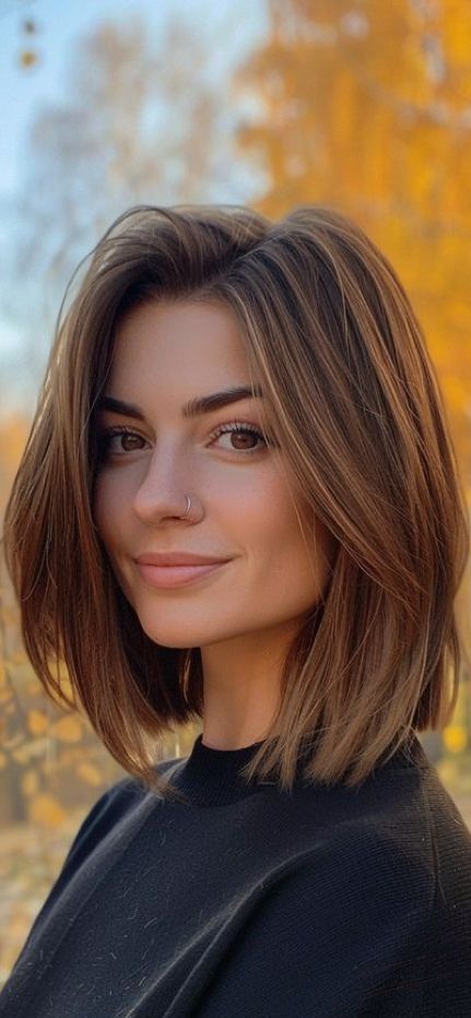 Medium Short Straight Haircut, Short Fine Brown Hair, Hair Styles For Circle Face, Short Brown Hair Highlights, Below Collar Bone Length Hair, Short Hair Brown Highlights, Face Shape Guide Hairstyles, Dark Lob Haircut, Haircut Fine Straight Hair