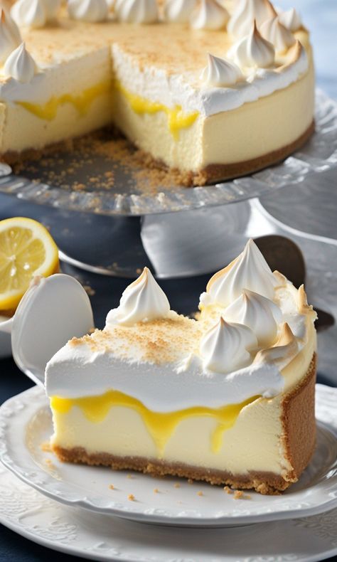 Lemon Meringue Cheesecake – The Sweet Combination of Indulgent Creaminess and Refreshing Citrus – Nine Recipes Unique Cheesecake, Meringue Cheesecake, Meringue Topping, Lemon Meringue Cheesecake, Rich Cheesecake, Cheesecake Layer, Heirloom Recipes, Unique Desserts, Lemon Meringue Pie