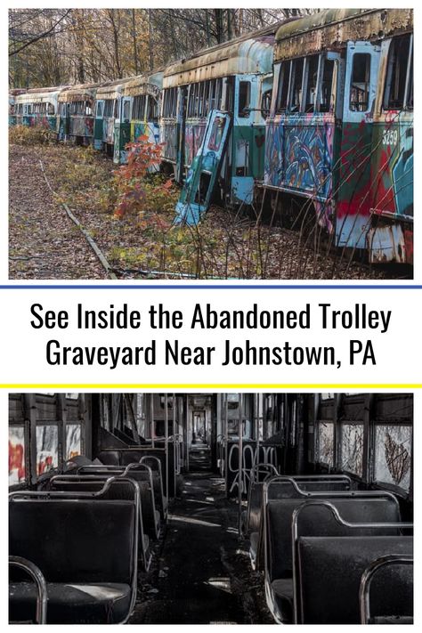 Located a few miles south of Johnstown, Pennsylvania, is one of the oddest destinations in the state: the Abandoned Trolley Graveyard. Officially known as the Vintage Electric Streetcar Company, this site is home to approximately 40 vintage trolleys waiting patiently for restoration or to be used as parts in the restoration of other vintage streetcars. Johnstown Pennsylvania, Pennsylvania Turnpike, Bethlehem Steel, Pennsylvania Travel, Dubai Skyscraper, Hidden History, Abandoned Train, Abandoned Amusement Parks, Waiting Patiently