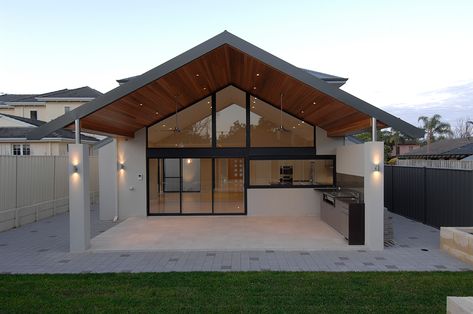 Perth Custom Builder, WA Custom Homes, Exclusive Residence Pitched Alfresco Roof, Pitched Roof Outdoor Area, Raked Alfresco, Portuguese Villa, Alfresco Designs, Double Patio Doors, Pitched Ceiling, Ceiling Cladding, Raked Ceiling