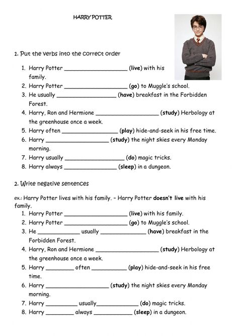 Harry Potter (Present Simple) worksheet Harry Potter English Lesson, Harry Potter Worksheets For Kids, Harry Potter Present Ideas, Present Simple Worksheet, Harry Potter Unit Study, Harry Potter English, Harry Potter Presents, Harry Potter Classroom, Grammar For Kids