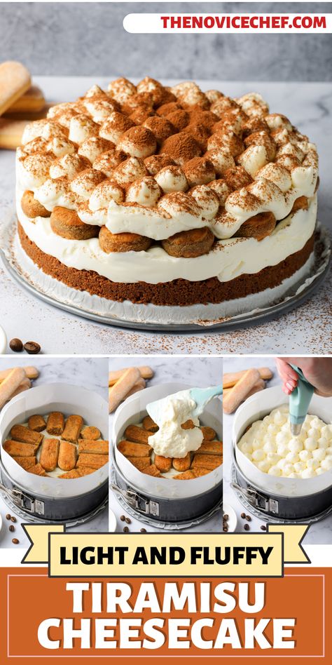 Cheesecake Factory Copycat Recipes Tiramisu, No Bake Cheesecake Trifle, Tiramisu Cheesecake No Bake, Cheesecake With Cake Base, Marscapone Cheesecake Recipes, Terimisu Cake, Tiramisu Decoration Ideas, No Bake Tiramisu Cheesecake, Easy No Bake Cake