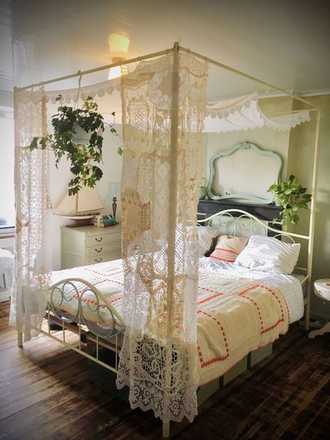 . #nursery #room #nurserydecor #baby #bedding #babyboy #pillows #canopy 4 Poster Bed Aesthetic, Poster Bed Ideas Decor, Poster Beds With Curtains, Four Poster Bed Ideas Bohemian, Fake Four Poster Bed, Canopy Boho Bedroom, Lace Canopy Over Bed, 4 Poster Bed With Curtains, Canopy Bed Ideas Plants