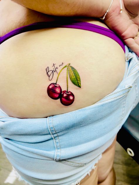 Cherry Tattoos For Women, Cherries Tattoos, Cherry Tattoo On Bum For Women, Cherry Tattoo Design, Tattoo Cherry, Tattoo Symbolism, Leopard Print Tattoos, Cherry Tattoo, Private Tattoos