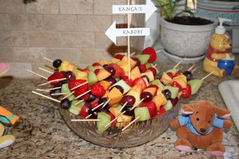 Kanga's Kabobs. We also found an idea for Piglets in a blanket, but that seemed a little morbid albeit humorous at the same time. Kanga And Roo Themed Food, Pooh Bear Themed Food, Winnie The Pooh Food Ideas, Piglet Birthday, Baby Shower Girl Diy, Baby Shower Fruit, Baby Gender Reveal Party Decorations, Honey Bee Baby Shower, Pooh Party