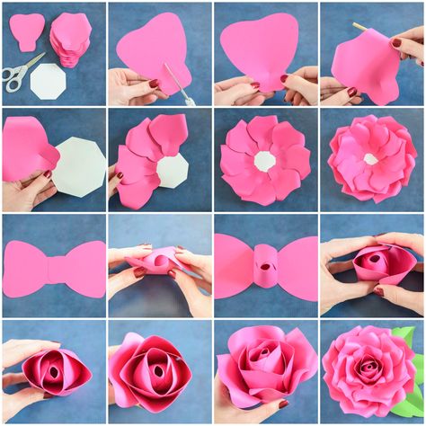 Giant Paper Flowers-How to Make Paper Garden Roses with Step by Step Tutorial Backyard Roses, Big Paper Flowers, Paper Rose Template, Diy Paper Flowers, Make Paper Flowers, Diy Flores, Fleurs Diy, Folding Origami, Easy Paper Flowers