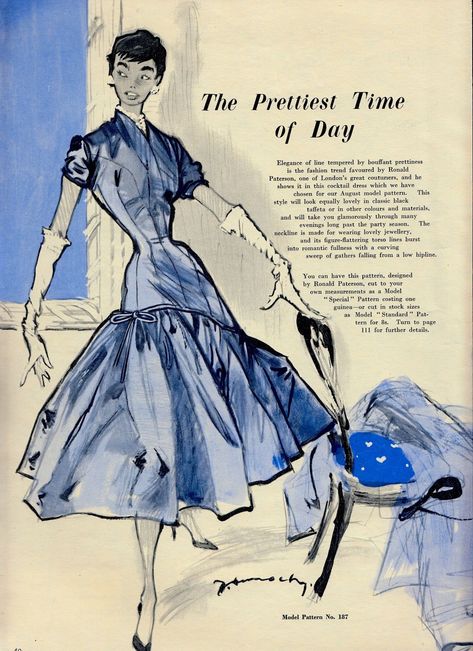 Vintage Clothing Illustration, Old Fashion Design, 1950s Fashion Sketches, 1950 Fashion Illustration, Vintage Fashion Illustration 1950s, 50s Fashion Sketch, Old Fashion Sketches, Blue Fashion Illustration, 1940s Fashion Illustration