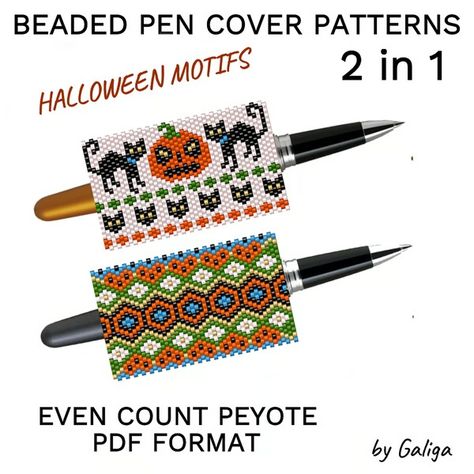 Halloween Pen Sleeve Patterns DIY Beaded Pen Cover Design Pu - Inspire Uplift Pen Toppers, Beaded Patterns, Aqua Earrings, Halloween Beads, Candle Cover, Brick Stitch Pattern, Beading Techniques, Tea Candles, Wrap Pattern