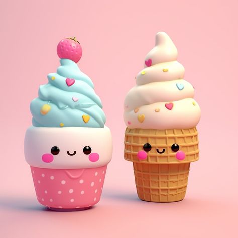 "Indulge in the sweetness of pure delight with a cute, kawaii ice cream treat. Its vibrant colors and adorable smile melt hearts, spreading joy and deliciousness with every lick." Kawaii Business, Fun Keyboards, Ice Cream Kawaii, Clay Ice Cream, 3d Ice Cream, Ice Cream Painting, Ice Cream Cute, Kawaii Clay, Kawaii Ice Cream