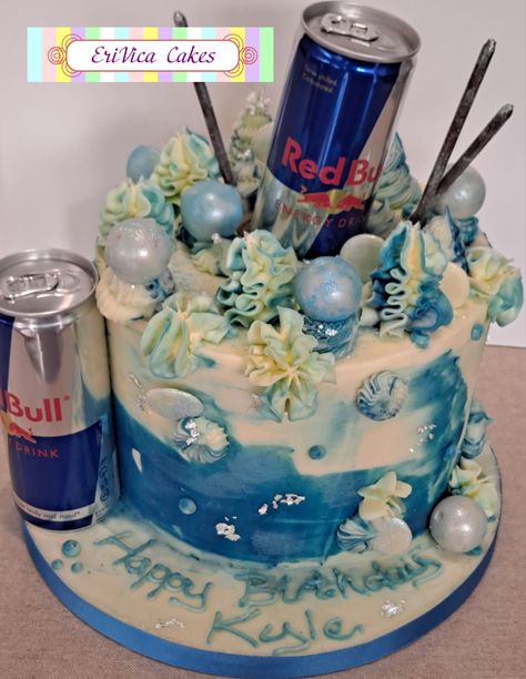 Blue and white buttercream cake with Red Bull Red Bull Cake Ideas, Redbull Cake, Red Bull Cake, Bull Cake, White Buttercream Cake, Red Bul, White Buttercream, Creative Birthday Cakes, Creative Birthday