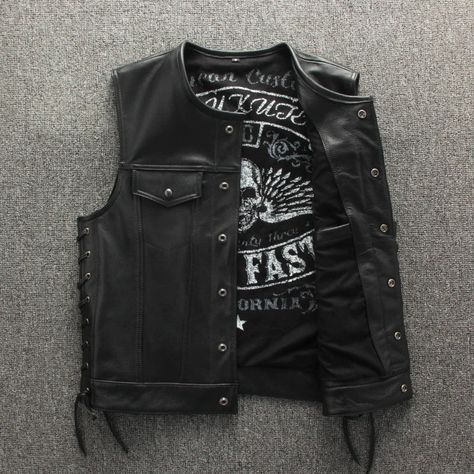 Style: Moto & Biker Material: leather Clothing Length: regular Collar: V-Neck Closure Type: Open Stitch eta = 2-3 weeks Rock Style Outfits, Leather Biker Vest, Fall Vest, Sleeveless Coat, Motorcycle Vest, Biker Outfit, Jackets Fashion, Rock Outfit, Book Clothes