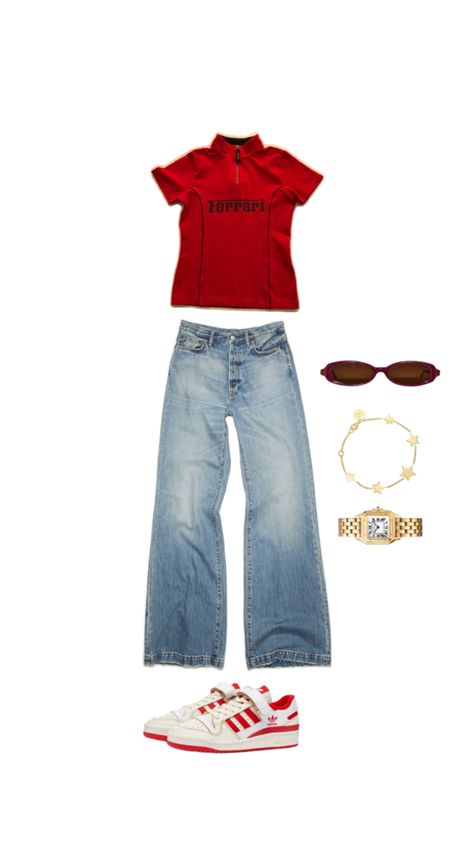 Tomboy Style Outfits, Red Outfit, Tomboy Fashion, Girls Fashion Clothes, Cute Fits, Retro Outfits, Outfit Idea, Dream Wardrobe, Fitness Inspo