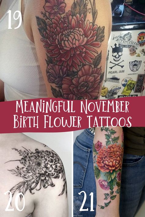 November Birth Flower Tattoos {Chrysanthemums} - Tattoo Glee Flower Tattoos November, November Flower Tattoo, Chrysanthemum Flower Tattoo, Floral Hip Tattoo, Journey Tattoo, November Birth Flower, Bright Tattoos, Chrysanthemum Tattoo, Flower Wrist Tattoos